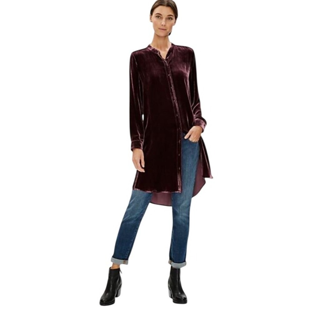 NWT Eileen Fisher 2X Casis Silk Blend Velvet Mandarin Collar Shirtdress